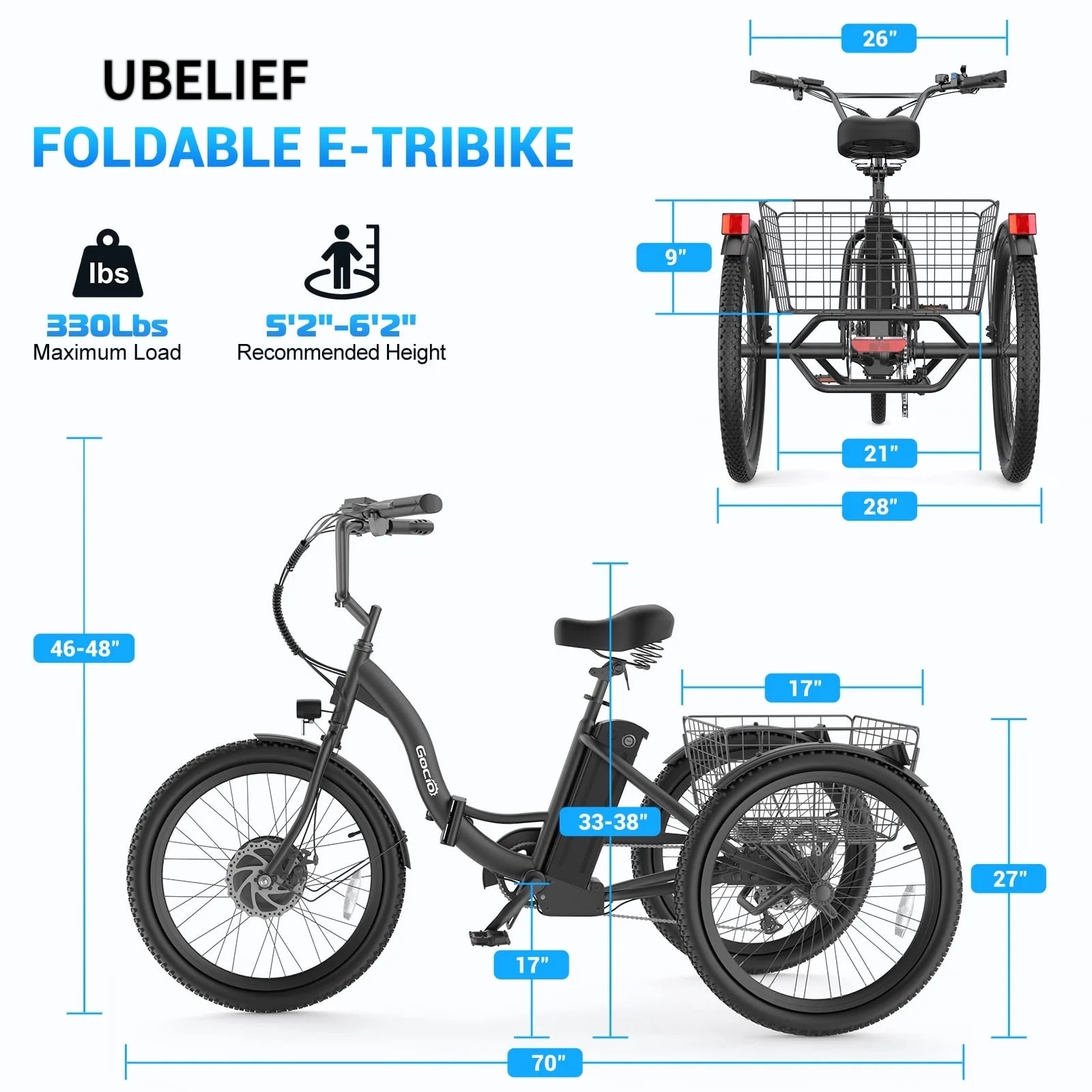 UBELIEF BN UBEB07 Electric Tricycle - 24" Adult E-Trike, 55 Miles Range
