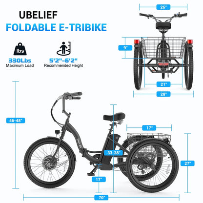 UBELIEF BN UBEB07 Electric Tricycle  - 24" Adult E-Trike, 55 Miles Range