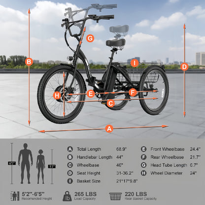 UBELIEF BN UBEB07 Electric Tricycle  - 24" Adult E-Trike, 55 Miles Range
